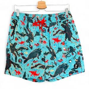 Rare Balls Beachwear Dive School Blue Ocean Print Swim Trunks Barstool Sports L